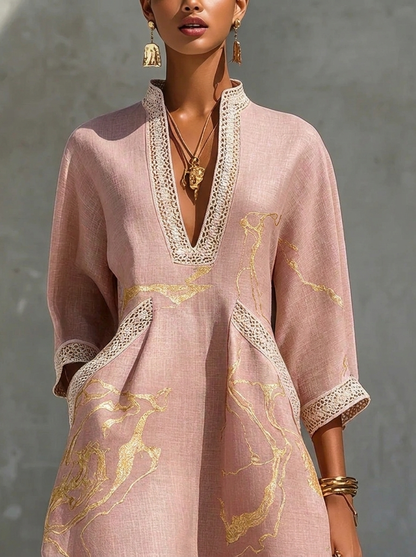 Donatella | Mini vestido rosa con estampado mármol dorado y encaje crochet