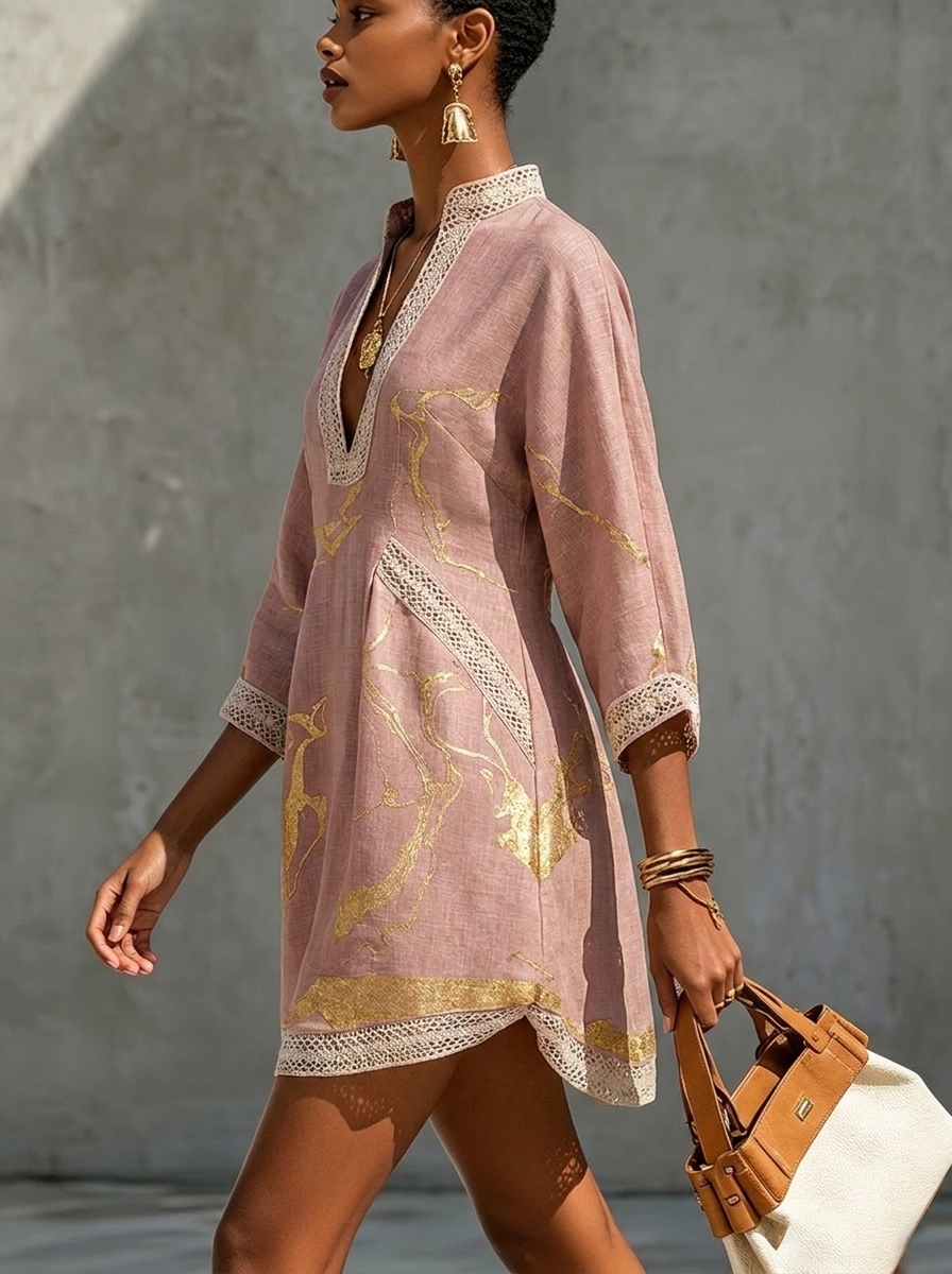 Donatella | Mini vestido rosa con estampado mármol dorado y encaje crochet