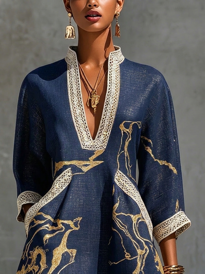 Donatella | Mini vestido azul con estampado mármol dorado y encaje crochet