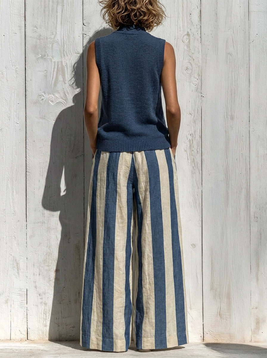 Conjunto Top Sin Mangas y Pantalón Ancho a Rayas