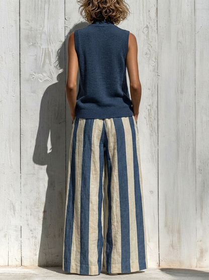 Conjunto Top Sin Mangas y Pantalón Ancho a Rayas
