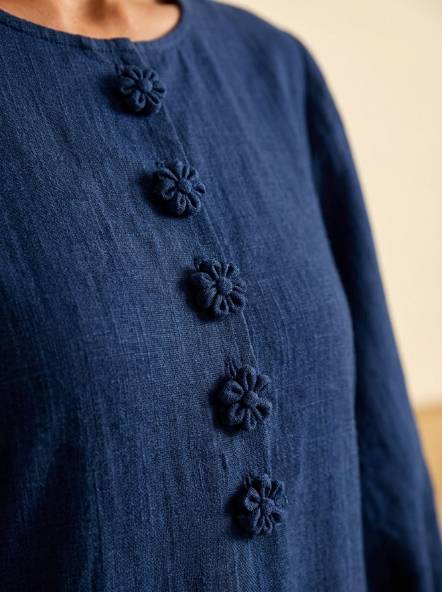 Marina | Vestido Mini de Lino con Puños de Rosas, Azul Marino