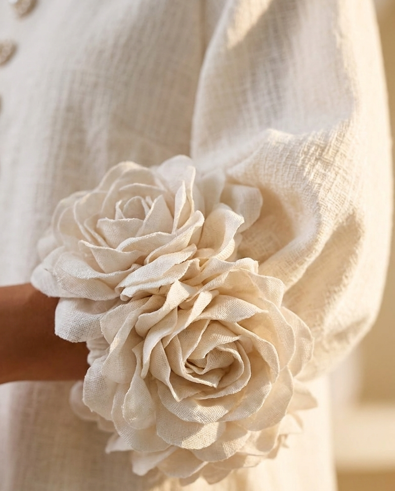 Ambra | Vestido Mini de Lino con Puños de Rosas, Beige Arena