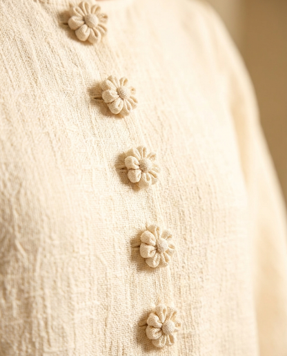 Ambra | Vestido Mini de Lino con Puños de Rosas, Beige Arena