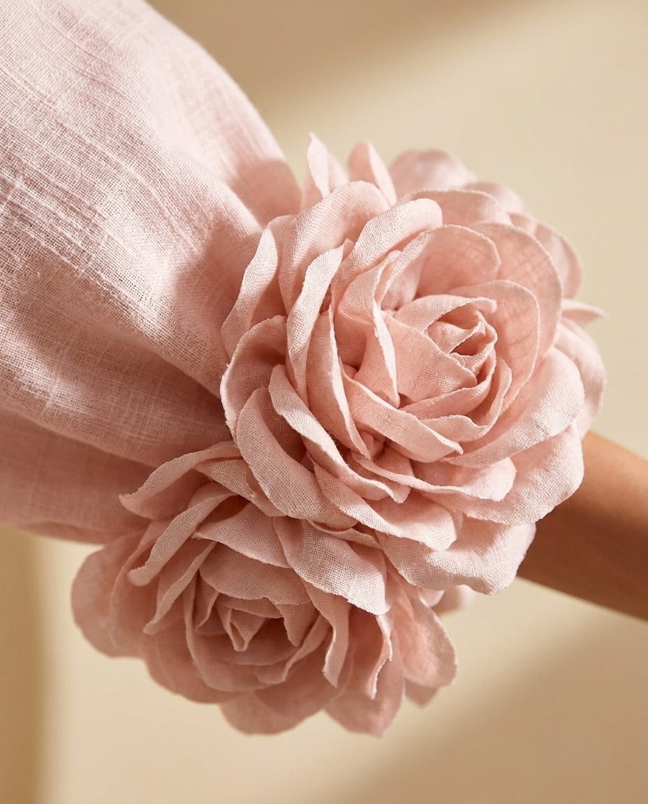 Noemi | Vestido Mini de Lino con Puños de Rosas, Rosa Palo