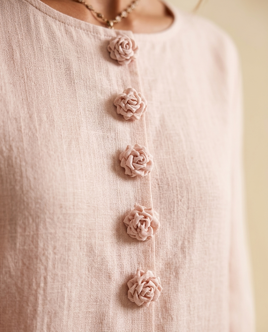 Noemi | Vestido Mini de Lino con Puños de Rosas, Rosa Palo