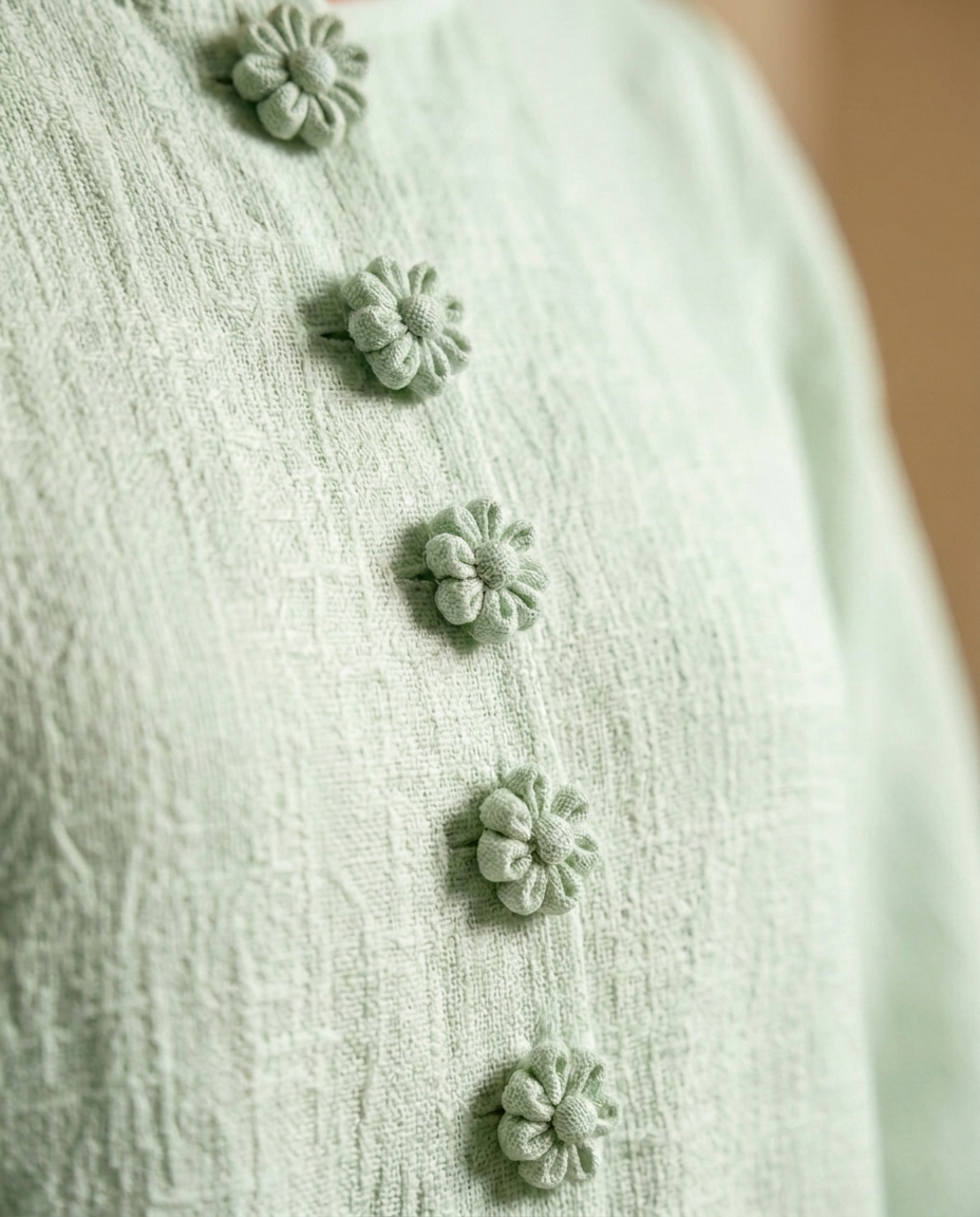 Delia | Vestido Mini de Lino con Puños de Rosas, Verde Salvia