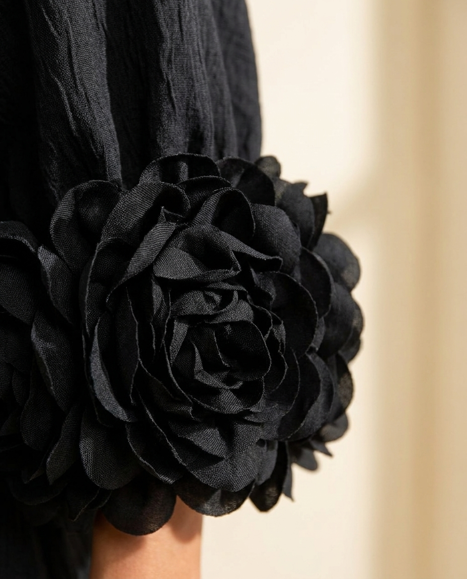 Cecilia | Vestido Mini de Lino con Puños de Rosas, Negro Clásico