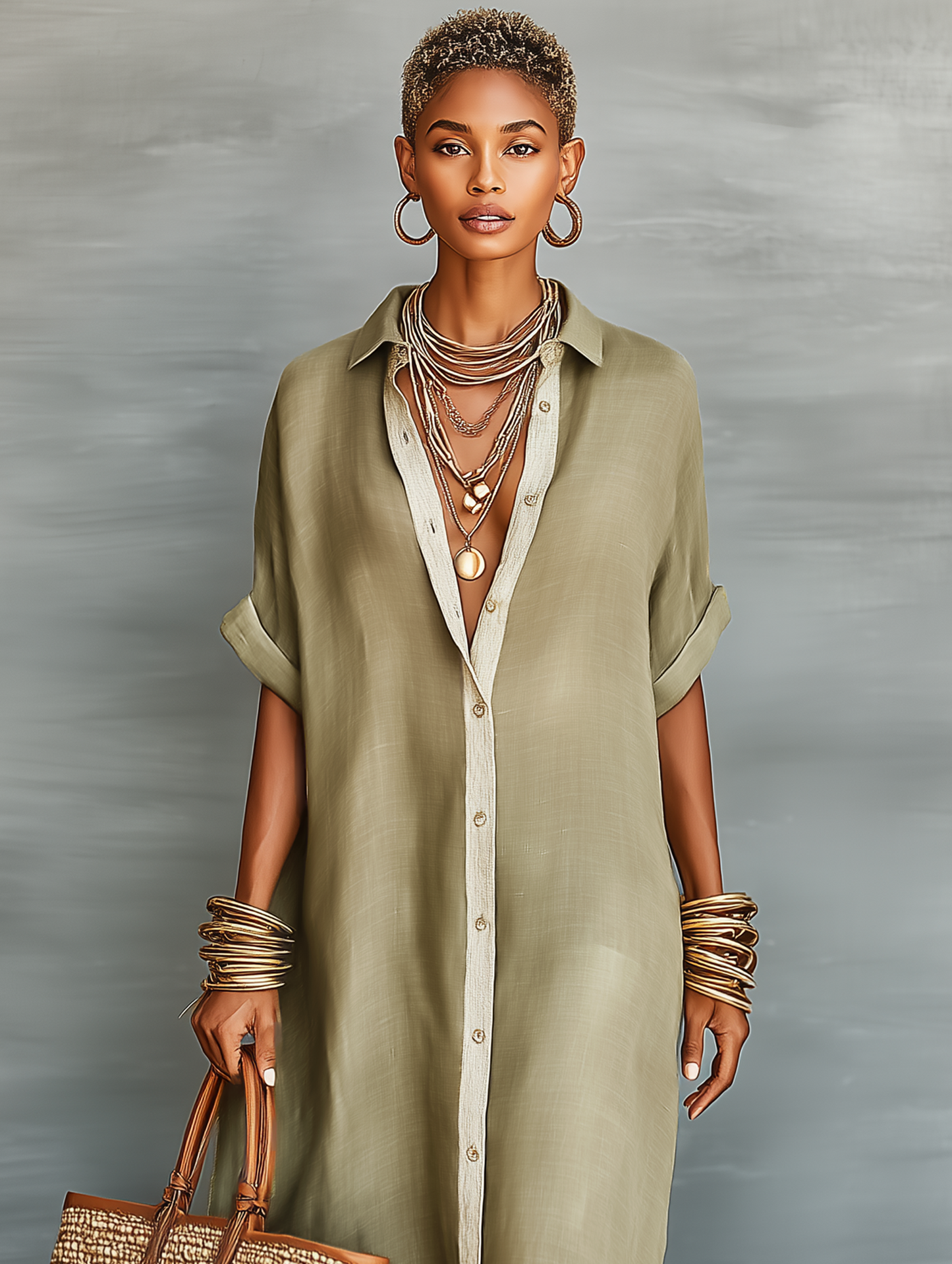 Vestido largo de mujer en mezcla de lino, estilo camisero, de manga corta y corte minimalista
