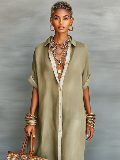 Vestido largo de mujer en mezcla de lino, estilo camisero, de manga corta y corte minimalista