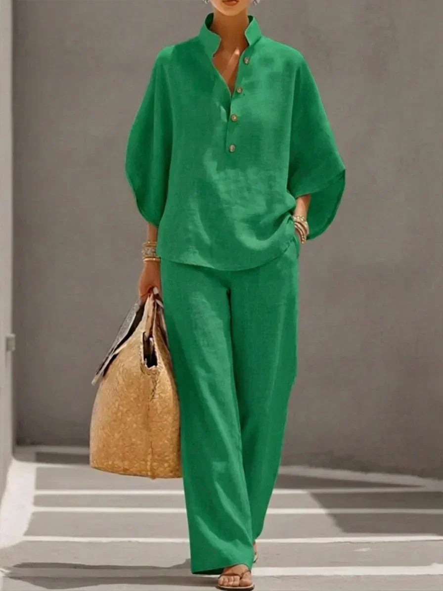 Sophie | Conjunto de lino con mangas murciélago y pantalón ancho