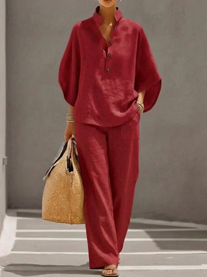 Sophie | Conjunto de lino con mangas murciélago y pantalón ancho