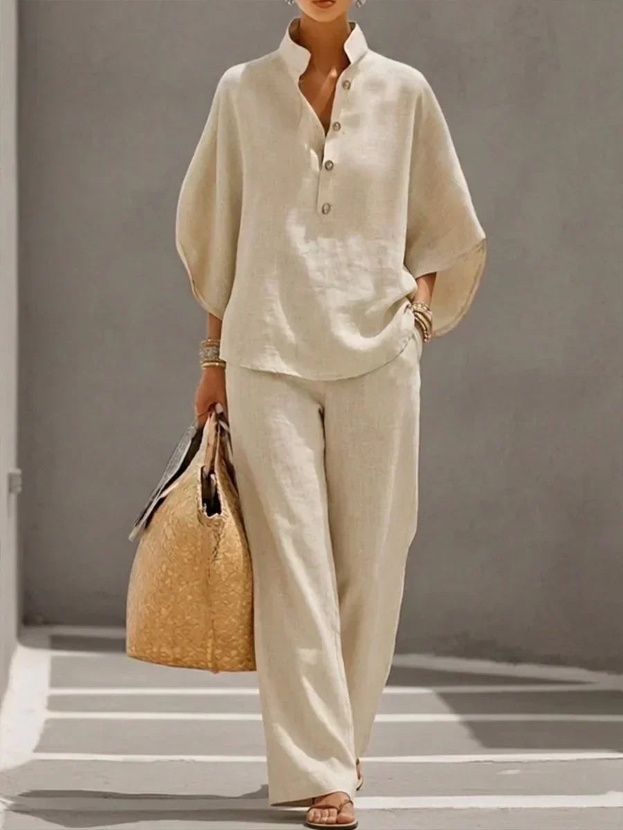 Sophie | Conjunto de lino con mangas murciélago y pantalón ancho