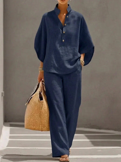 Sophie | Conjunto de lino con mangas murciélago y pantalón ancho