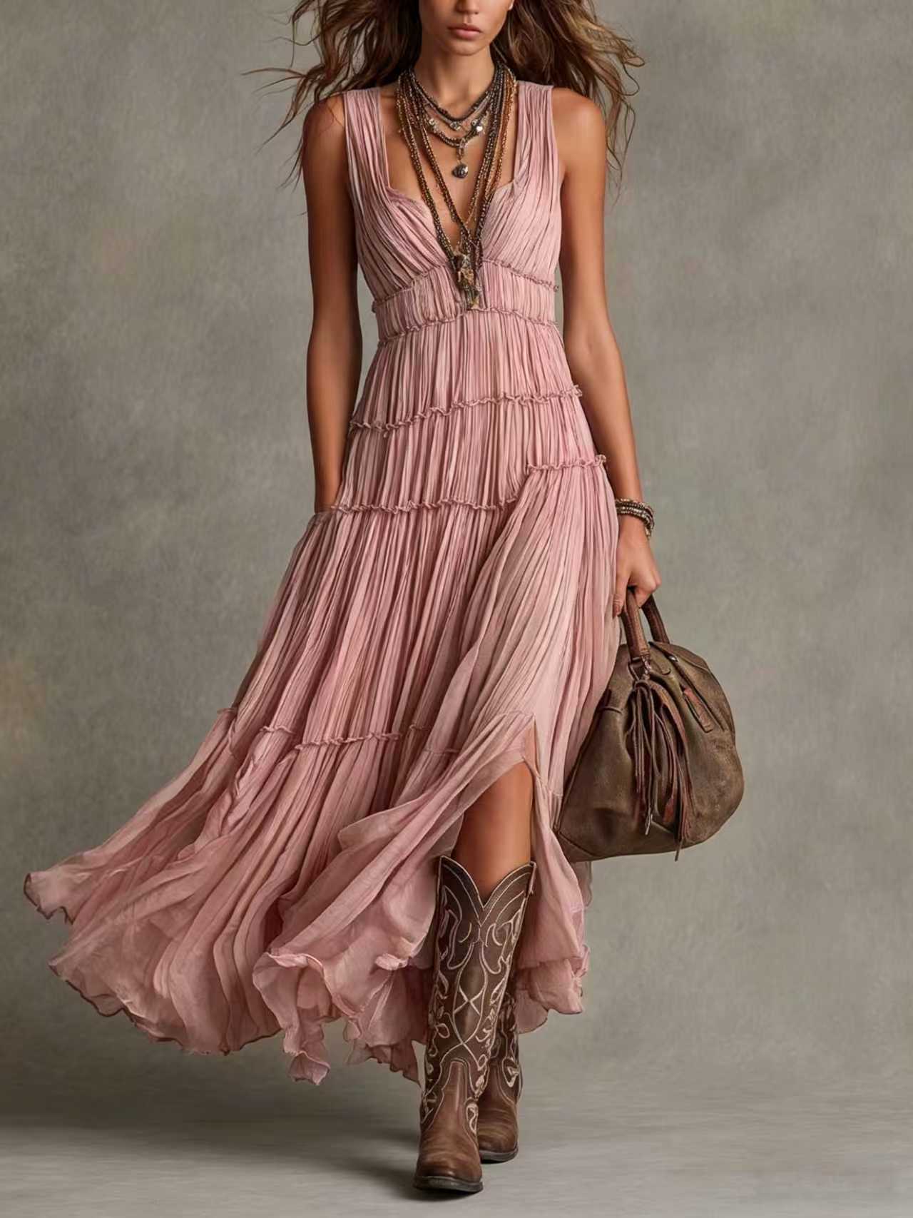 Rosalía | Vestido Maxi Plisado de Gasa Bohemio