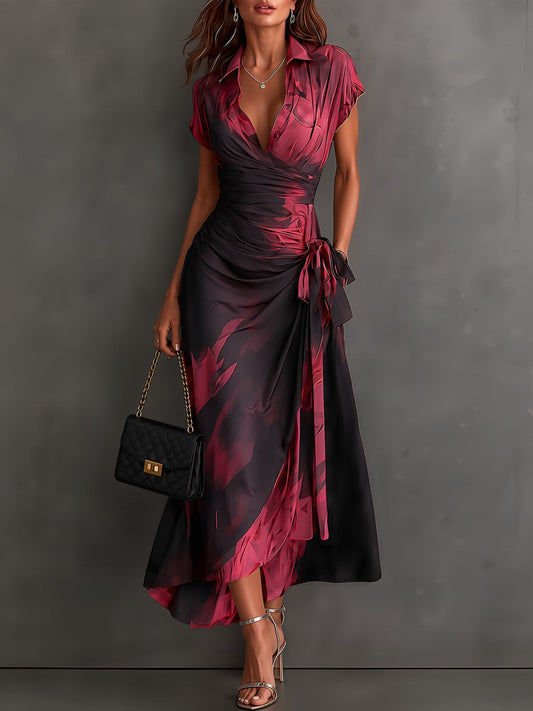 Vestido Midi Cruzado Abstracto Rojo y Negro con Cuello Camisero, Escote en V, Manga Corta, Cintura Anudada y Bajo Asimétrico con Volante