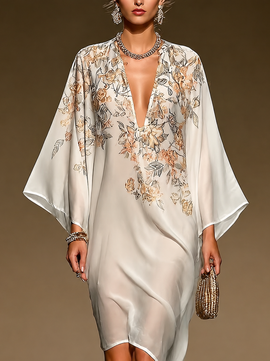 Vestido Caftán en Gasa Beige con Estampado Floral, Escote en V Profundo, Manga Murciélago, Bajo Asimétrico, Vestido Midi Fluido