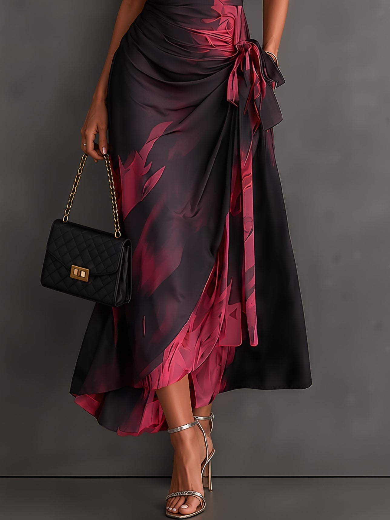 Vestido Midi Cruzado Abstracto Rojo y Negro con Cuello Camisero, Escote en V, Manga Corta, Cintura Anudada y Bajo Asimétrico con Volante