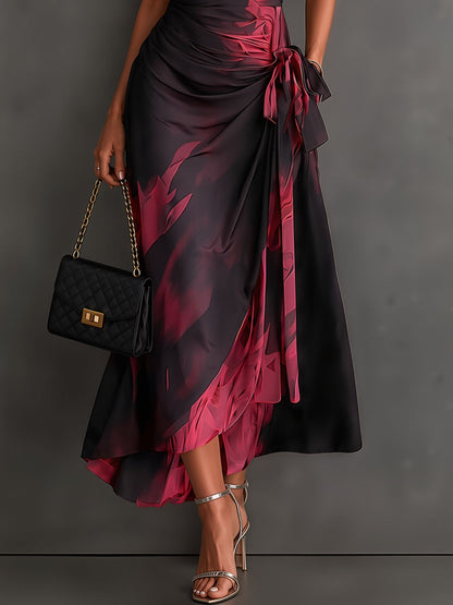 Vestido Midi Cruzado Abstracto Rojo y Negro con Cuello Camisero, Escote en V, Manga Corta, Cintura Anudada y Bajo Asimétrico con Volante