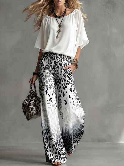 Fiorella | Conjunto Blusa Blanca y Pantalón Animal Print