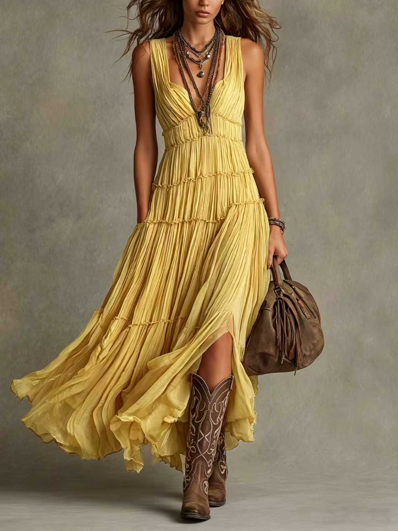 Rosalía | Vestido Maxi Plisado de Gasa Bohemio